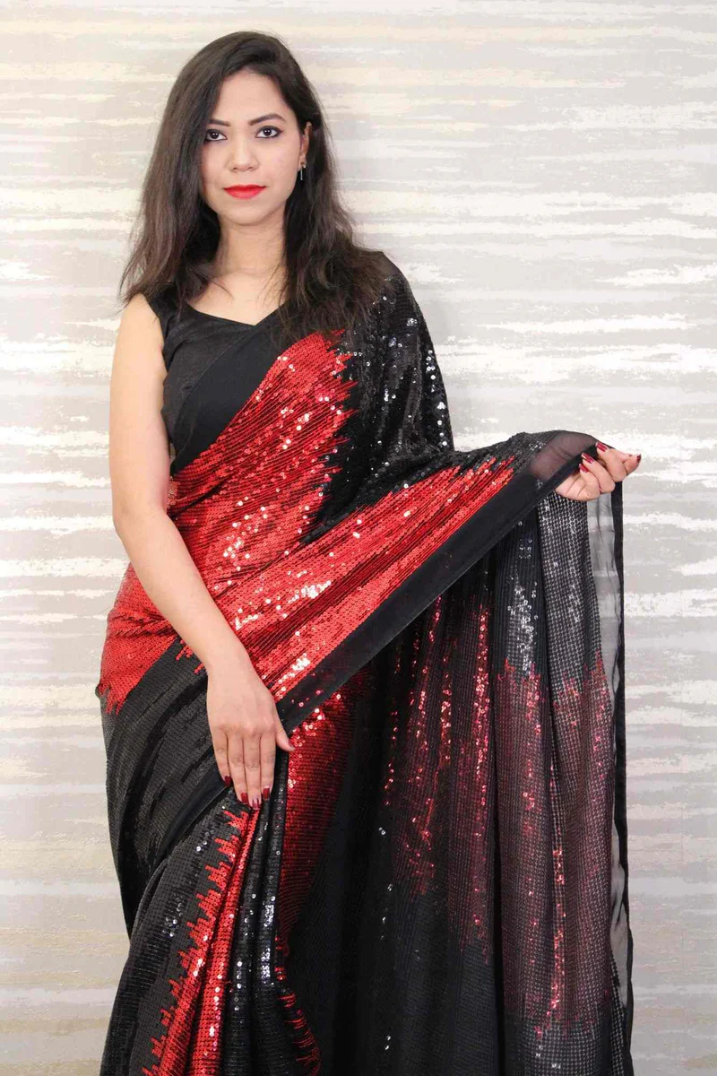 Black Georgette Sequined Designer Saree